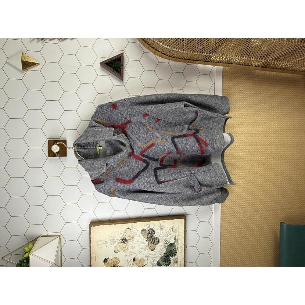 Trisha Tyler Gray Geometric Pattern Shawl Collared Sweater - Size - Large